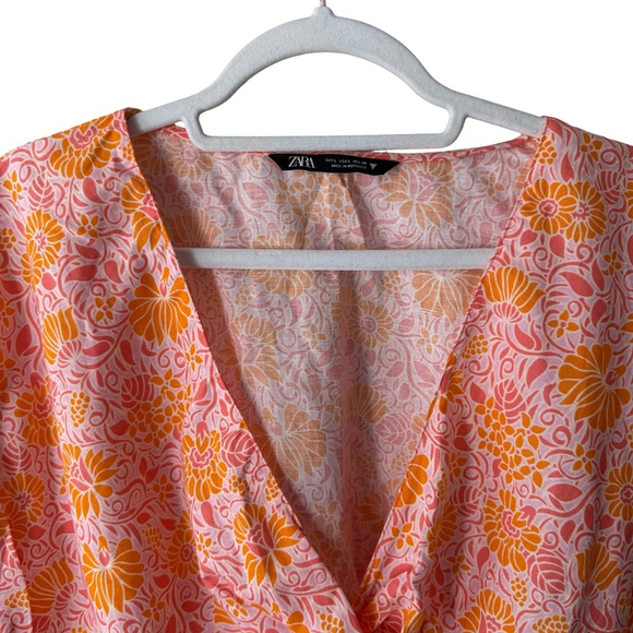 Zara Vibrant Pink and Orange Floral Blouse Size L Boho Cottagecore Chic Resort - Picture 8 of 9